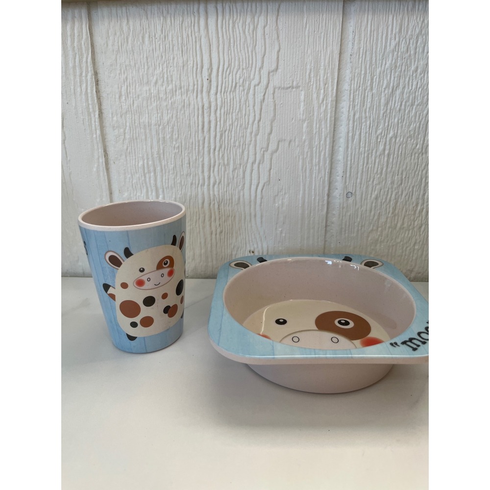 Citrus Grove Kids Bamboo Cow Plate and Cup Set BPA Free Dishwasher Safe